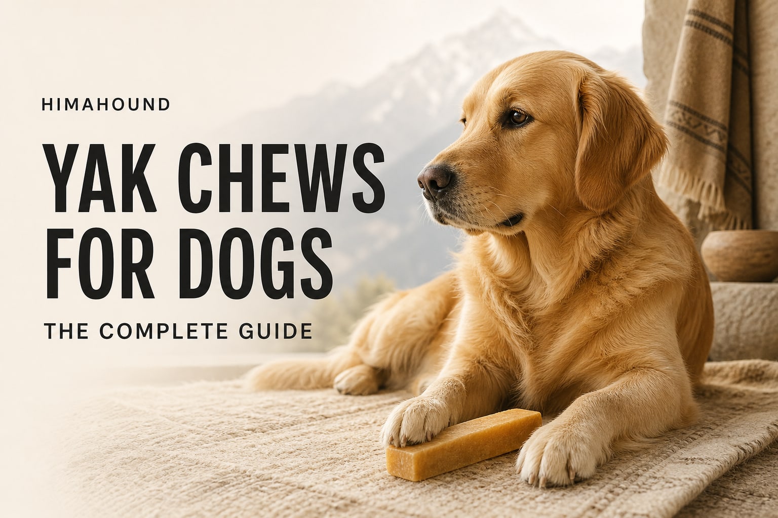 Golden retriever resting with a rectangular Himalayan yak cheese chew beside the title Yak Chews for Dogs: The Complete Guide